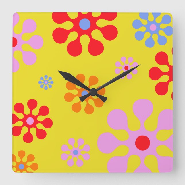 Retro Funky Blume Muster Gelbe Wall Uhr (Vorderseite)