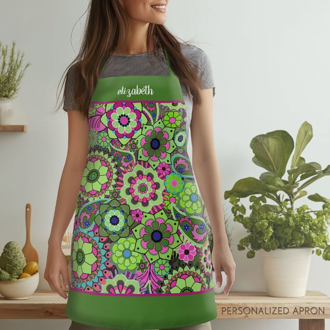 Retro Funky Blume - Rosa Grün mit Skriptname Schürze (Personalized Apron)
