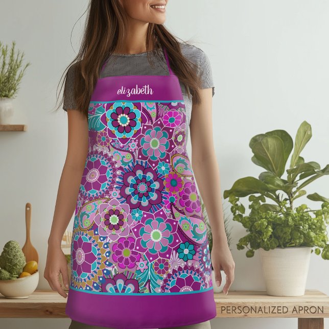 Retro Funky Blume - Rosa Lila mit Skriptname Schürze (Personalized Apron)