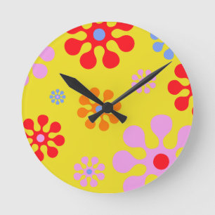 Retro Funky Blumen-Muster-Gelb-Wand-Uhr Runde Wanduhr