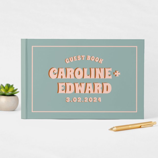 Retro Funky Groovy Colorful Pink Wedding Gästebuch (Von Creator hochgeladen)