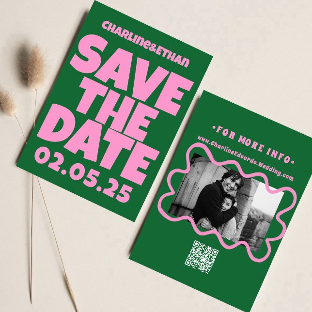 Retro Funky Pink Green Save the Date QR-Code (Von Creator hochgeladen)