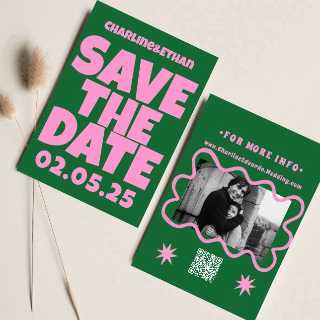 Retro Funky Pink Green Save the Date QR-Code (Von Creator hochgeladen)