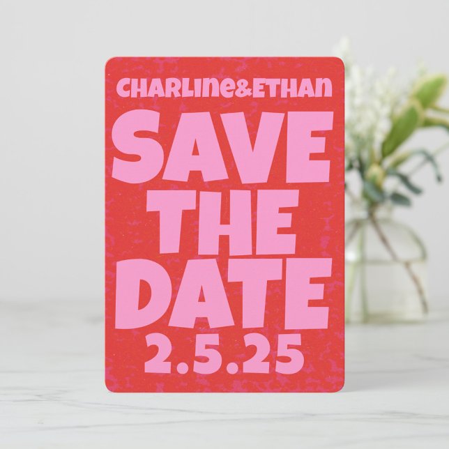 Retro Funky Pink Red Save the Date Qr Code (Von Creator hochgeladen)