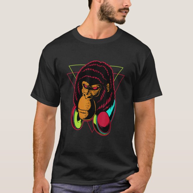 Retro Funky Rave DJ Gorilla Ape Head T-Shirt (Vorderseite)