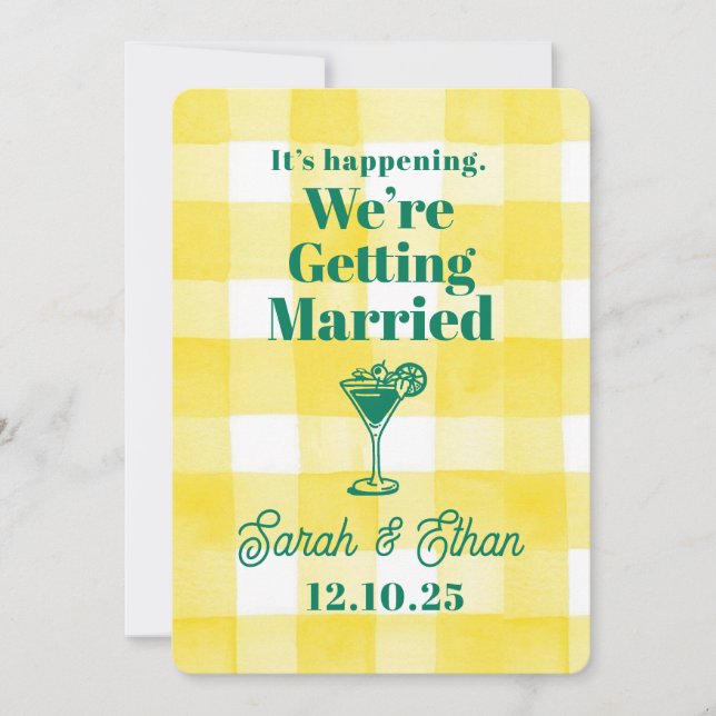 Retro Funky Striped Green Yellow Wedding Einladung (Vorderseite)
