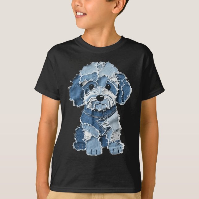 Retro Funny Denim Patch Animal Dog Print  T-Shirt (Vorderseite)