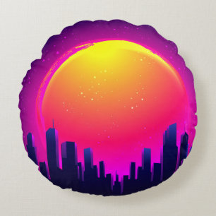 Retro Futurismus. futuristische Synth-Wave-Illustr Rundes Kissen