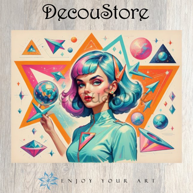 Retro Futurist Girl – Pop Art Portrait Decoupage Seidenpapier (Von Creator hochgeladen)