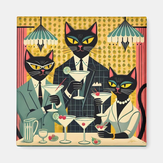 Retro Futuristic Black Cat Martini Club Magnet (Vorne)