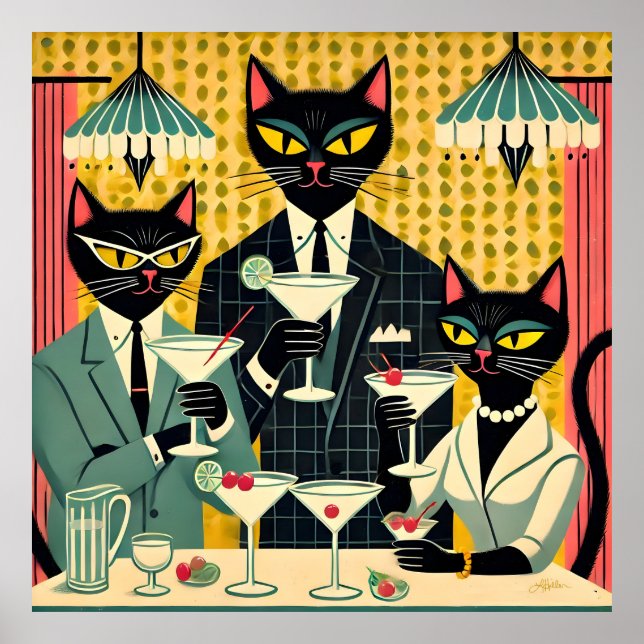 Retro Futuristic Black Cat Martini Club Poster (Vorne)