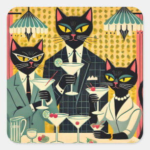 Retro Futuristic Black Cat Martini Club Quadratischer Aufkleber