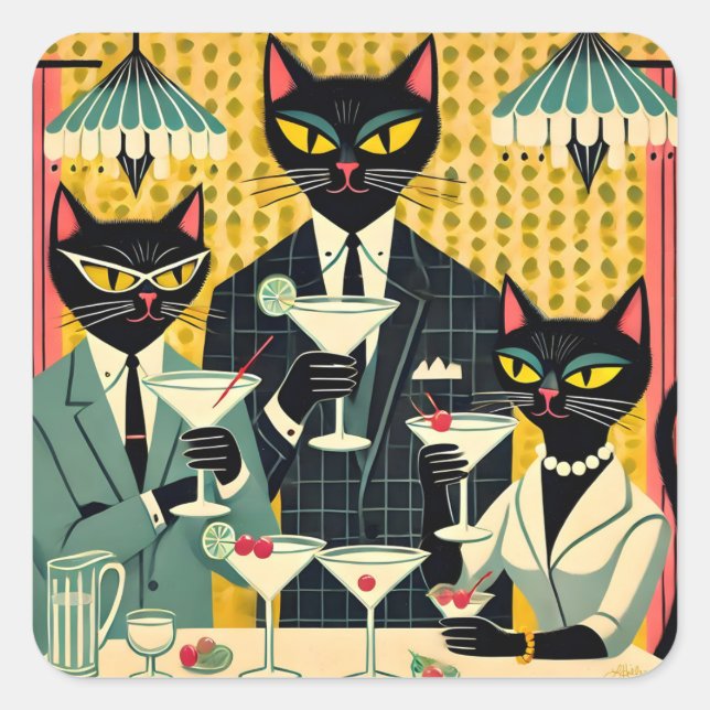 Retro Futuristic Black Cat Martini Club Quadratischer Aufkleber (Vorderseite)