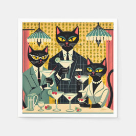 Retro Futuristic Black Cat Martini Club Serviette