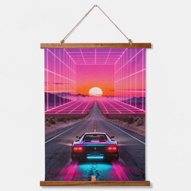 Retro Futuristic Car Sunset Wall Art Print - Neon  Wandteppich Mit Holzrahmen (Vorderseite)
