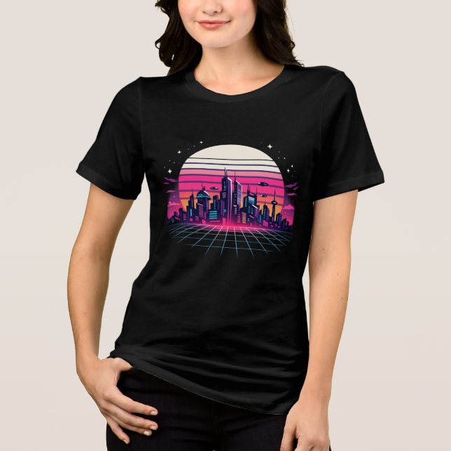 Retro Futuristic Cityscape Vaporwave Sunset Neon S Tri-Blend Shirt (Vorderseite)