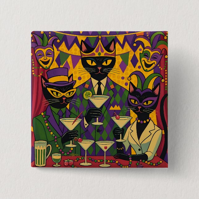 Retro Futuristic Mardi Gras Black Cat Martini Club Button (Vorderseite)