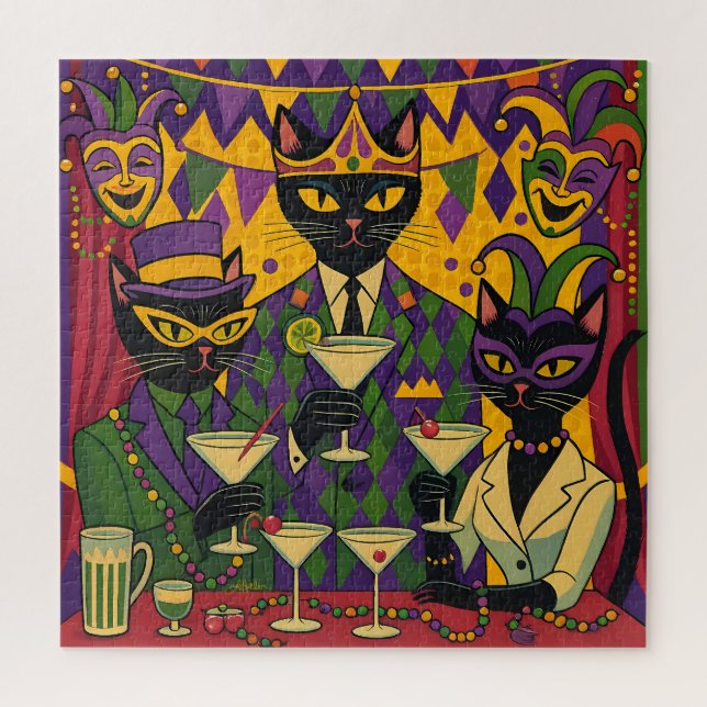 Retro Futuristic Mardi Gras Black Cat Martini Club Puzzle (Vertikal)