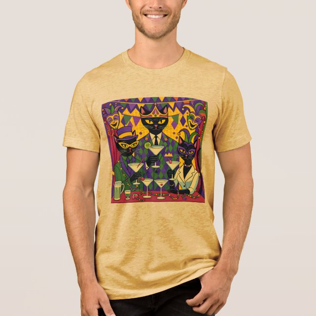 Retro Futuristic Mardi Gras Black Cat Martini Club Tri-Blend Shirt (Vorderseite)