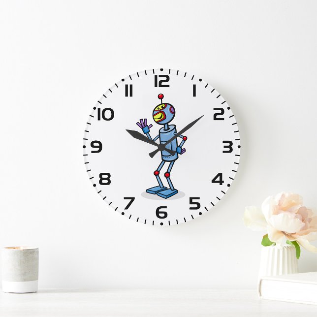 Retro Futuristic Robot Character Waving Große Wanduhr (Von Creator hochgeladen)