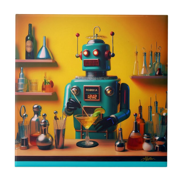 Retro Futuristic Robot ROBIA 12J2 Mixologe Fliese (Vorderseite)