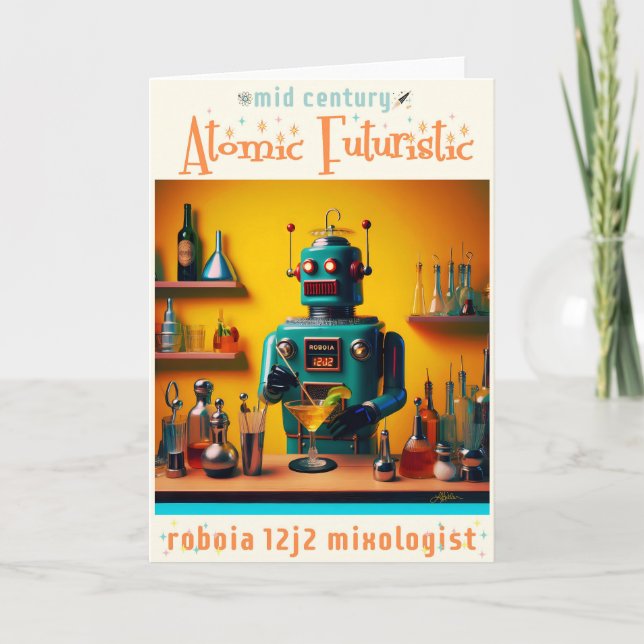 Retro Futuristic Robot ROBIA 12J2 Mixologe Karte (Vorderseite)