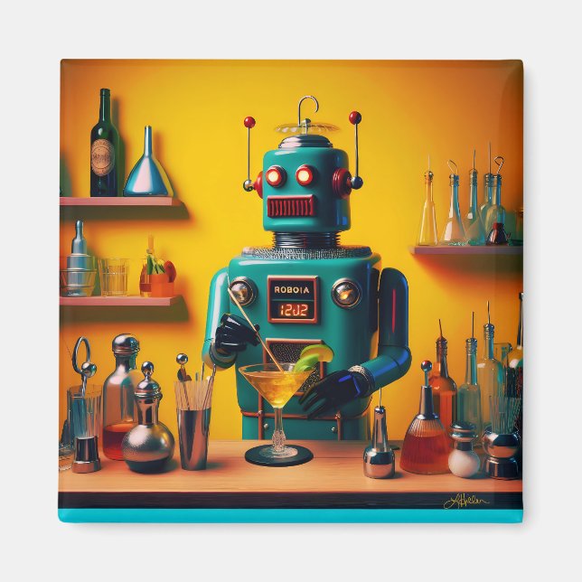 Retro Futuristic Robot ROBIA 12J2 Mixologe Magnet (Vorne)