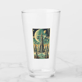 Retro-futuristische Alien-Stadt-Postkarten-Kunst Glas
