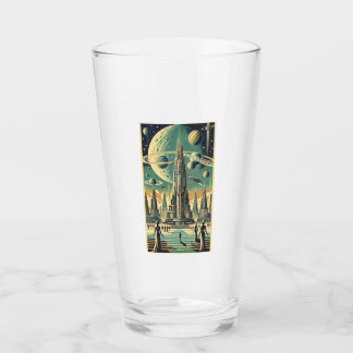 Retro-futuristische Alien-Stadt-Postkarten-Kunst Glas