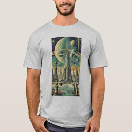Retro-futuristische Alien-Stadt-Postkarten-Kunst T-Shirt