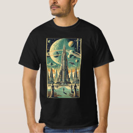 Retro-futuristische Alien-Stadt-Postkarten-Kunst T-Shirt