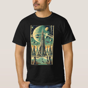 Retro-futuristische Alien-Stadt-Postkarten-Kunst T-Shirt