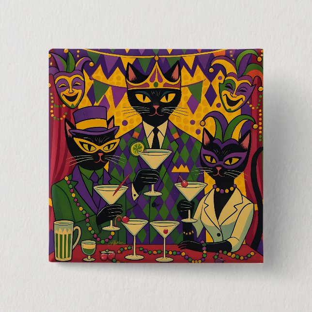 Retro-futuristische Mardi-Gras-Black-Cat-Martini-C Button (Vorderseite)
