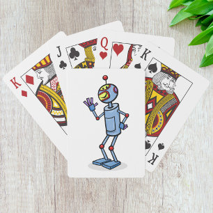 Retro-futuristischer Roboter-Charakter winkt Spielkarten
