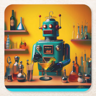 Retro-futuristischer Roboter ROBIA 12J2 Mixologe Rechteckiger Pappuntersetzer
