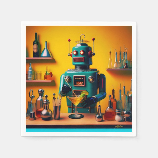 Retro-futuristischer Roboter ROBIA 12J2 Mixologe Serviette (Vorderseite)