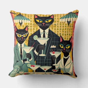Retro-futuristischer Schwarze-Katze-Martini-Club Kissen