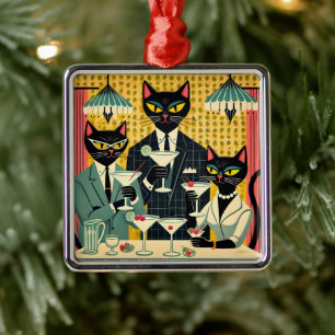 Retro-futuristischer Schwarze-Katze-Martini-Club Ornament Aus Metall