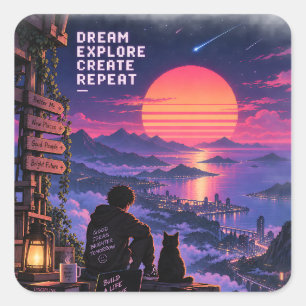 Retro-futuristischer Träumer Sonnenuntergangs-Aben Quadratischer Aufkleber