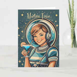 Retro-futuristisches Astro-Mädchen Martini-Zeit Karte