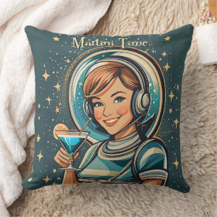 Retro Futuristisches Astro Mädchen Martini Zeit Kissen