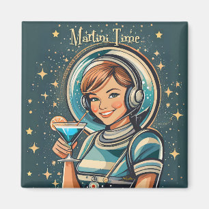 Retro-futuristisches Astro-Mädchen Martini-Zeit Magnet