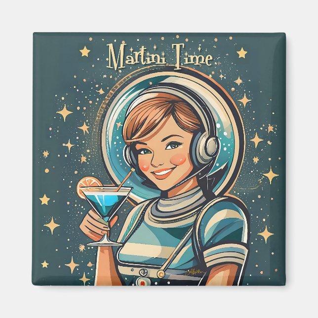 Retro-futuristisches Astro-Mädchen Martini-Zeit Magnet (Vorne)