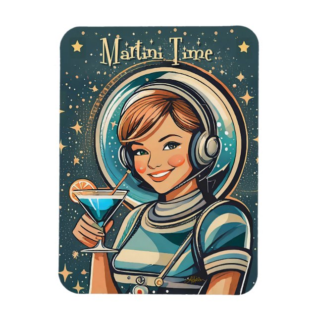 Retro-futuristisches Astro-Mädchen Martini-Zeit Magnet (Vertikal)