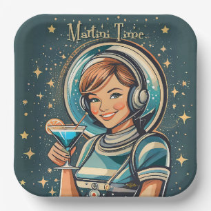 Retro Futuristisches Astro Mädchen Martini Zeit Pappteller