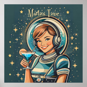 Retro-futuristisches Astro-Mädchen Martini-Zeit Poster