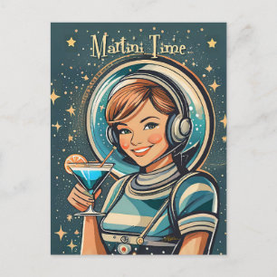 Retro Futuristisches Astro Mädchen Martini Zeit Postkarte
