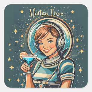 Retro Futuristisches Astro Mädchen Martini Zeit Quadratischer Aufkleber