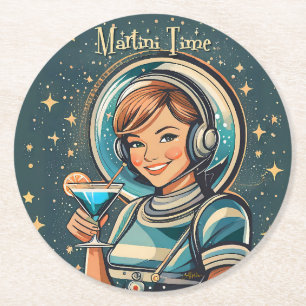 Retro-futuristisches Astro-Mädchen Martini-Zeit Runder Pappuntersetzer