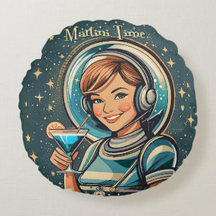 Retro-futuristisches Astro-Mädchen Martini-Zeit Rundes Kissen